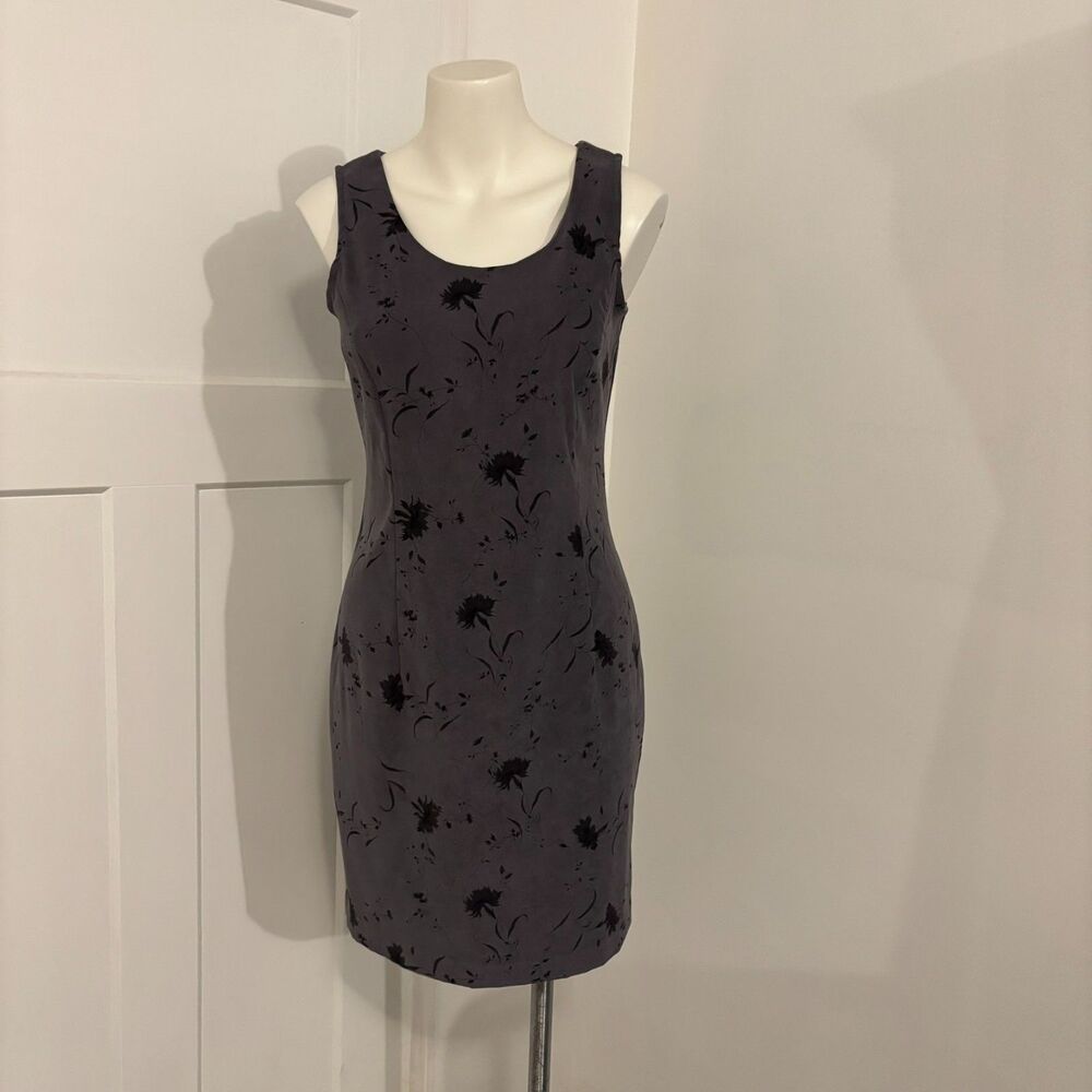 Vintage 90s Dawn Joy Fashions Grey Floral Office Siren Mini Dress